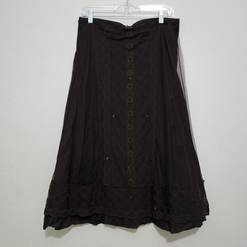 Aquarius Brown Lace Sheer Skirt Boho Women Large Gold Bedazzled Grunge